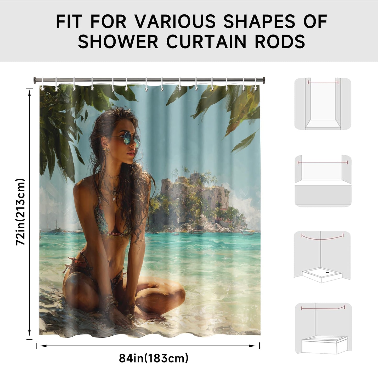 Tropical Shower Curtain Beach Seaside Bathroom Curtain Sexy Woman Shower Curtain with Hooks, Bathroom Decor, 36x72