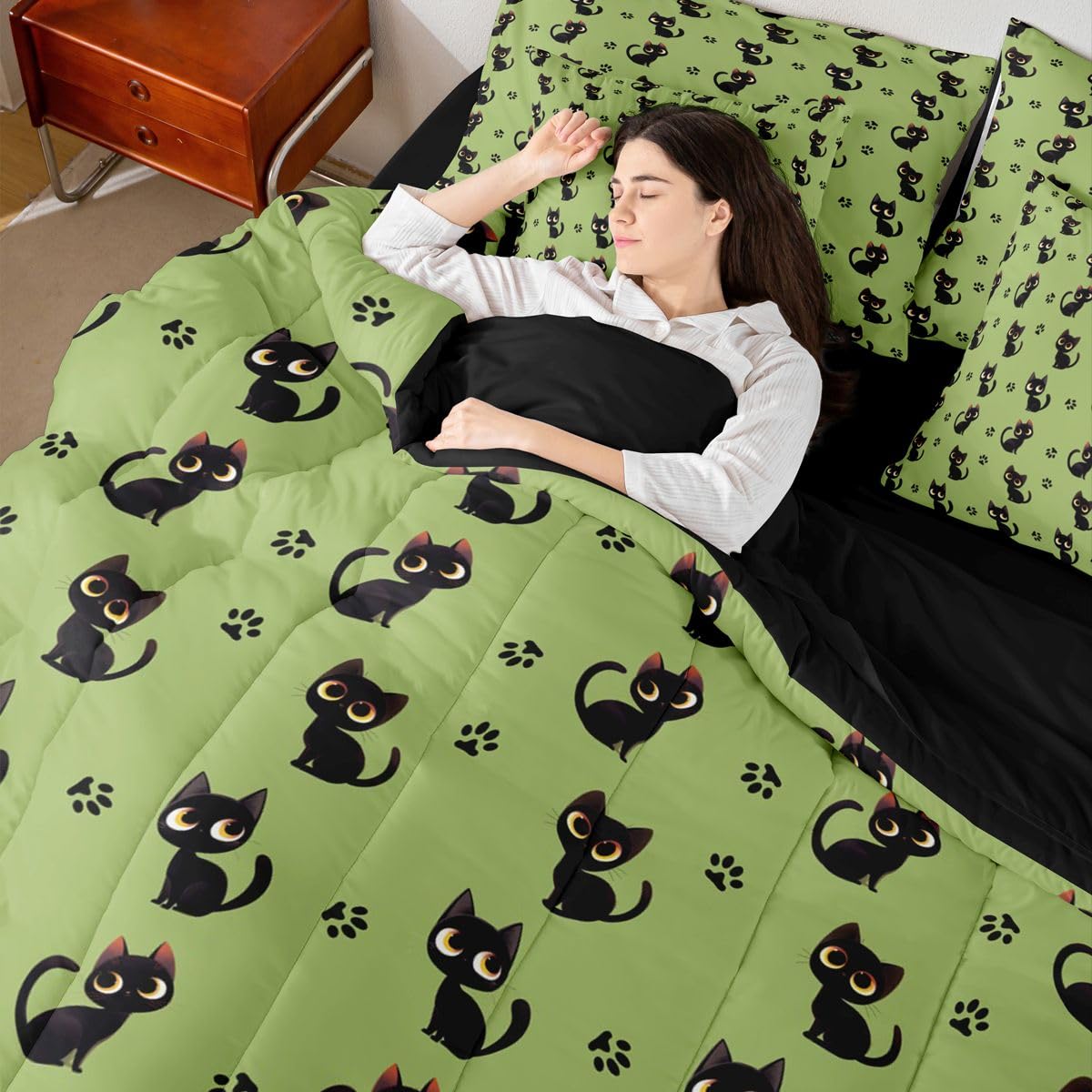 Cute Black Cat 7-Piece Bedding Set Full Size for Kids Boys Girls (Green Black) - Funny Cute Kitten Bed in a Bag Cartoon Black Cats Comforter Set with Sheets Kawaii Cat Paw Print Duvet Insert