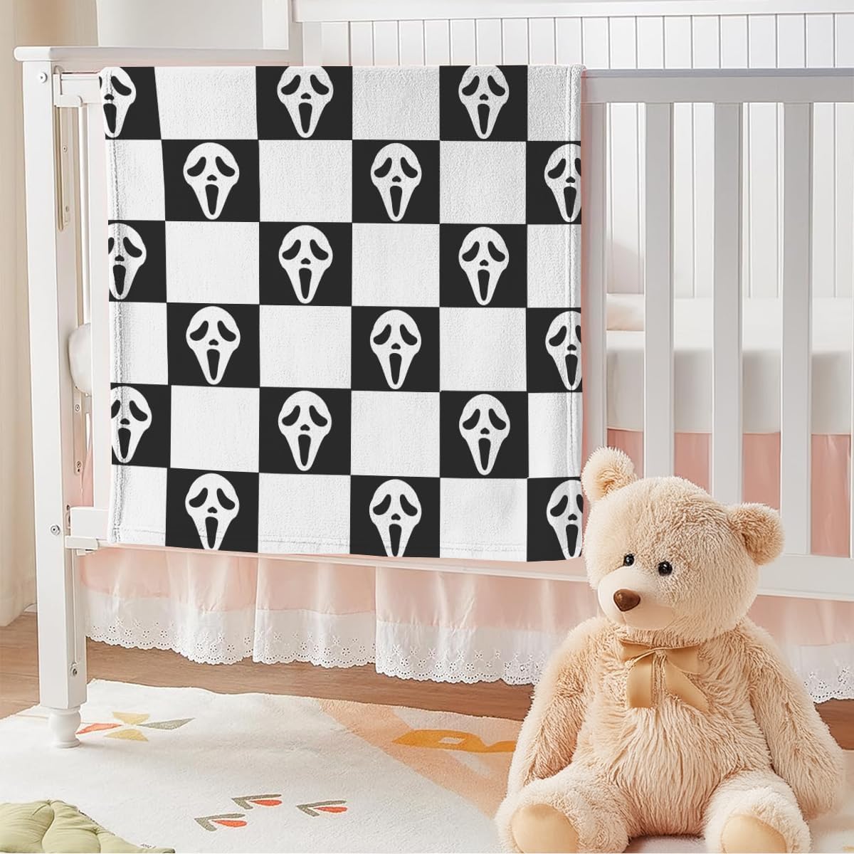 YWZDS Spooky Face Throw Blanket, Black and White Checkered Pattern, Halloween Ghost Blankets Fuzzy Gifts for Sofa Couch Bedroom (60 * 80 inch)