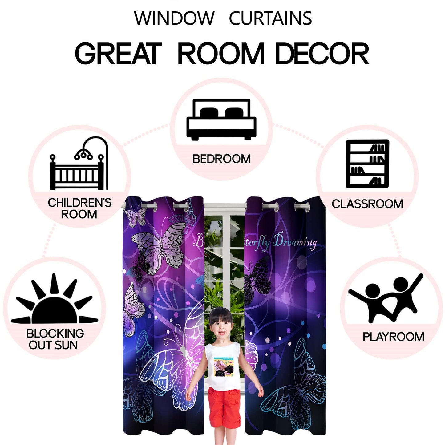 Kossmjx Butterfly Window Curtain Panels Purple Blackout Girls Curtains for Bedroom 2 Panels Curtains 84 inch Length for Girls Bedroom Nursery Room, 82" x 84"