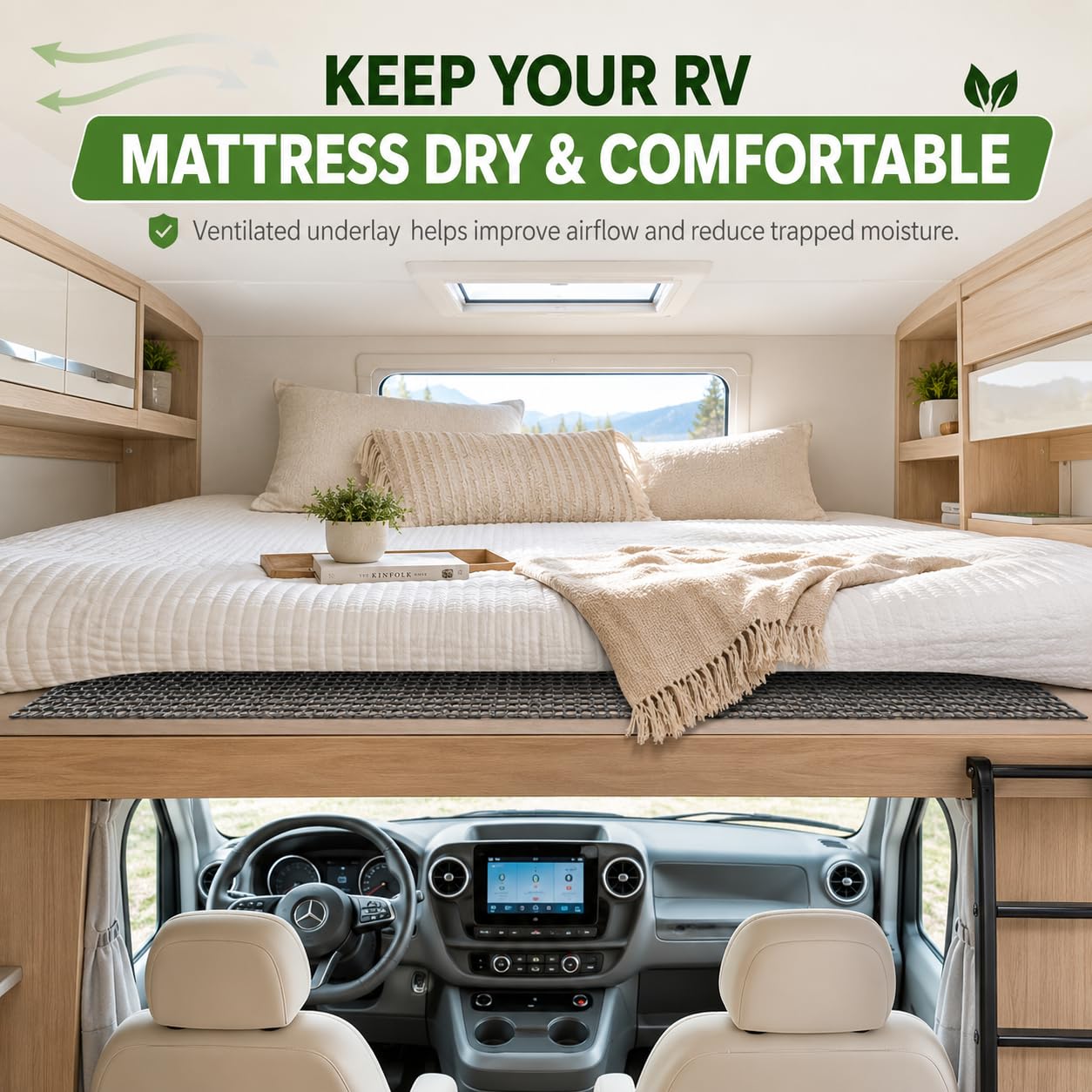 Plastic Ventilated Mattress Underlay Pad, 83" x 59" Breathable Mesh RV Under Mattress Ventilation Pad, Modular Interlocking Underlay for RV, Boat, Camper (Black)