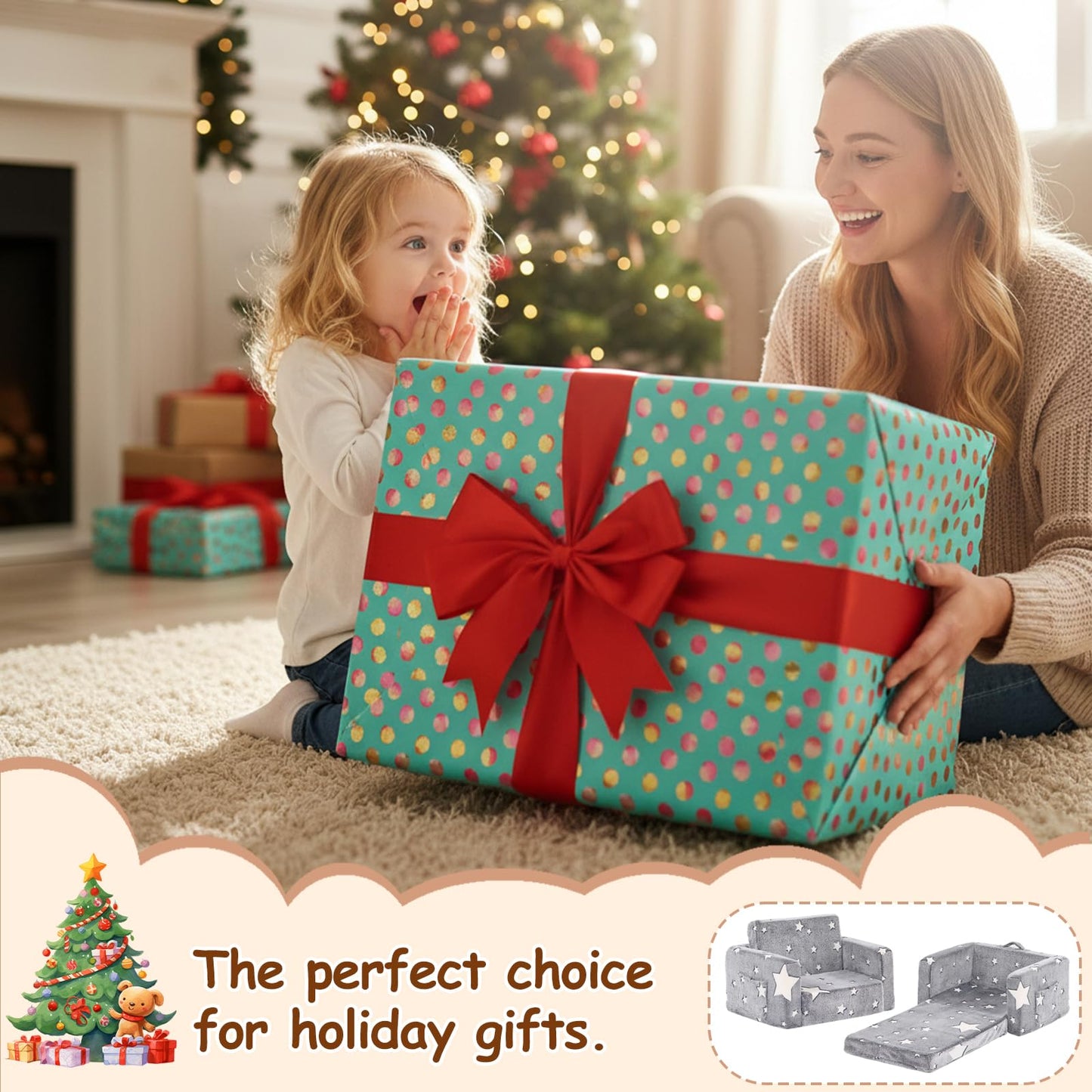 Givjoy Toddler Chair Plush Kids Couch, 2-in-1 Glow in The Dark Comfy Armchair Removable and Washable Cover Carrying Handle, Kids Reading Chair Toddler Couch for Playroom, Girls and Boys, Grey Star