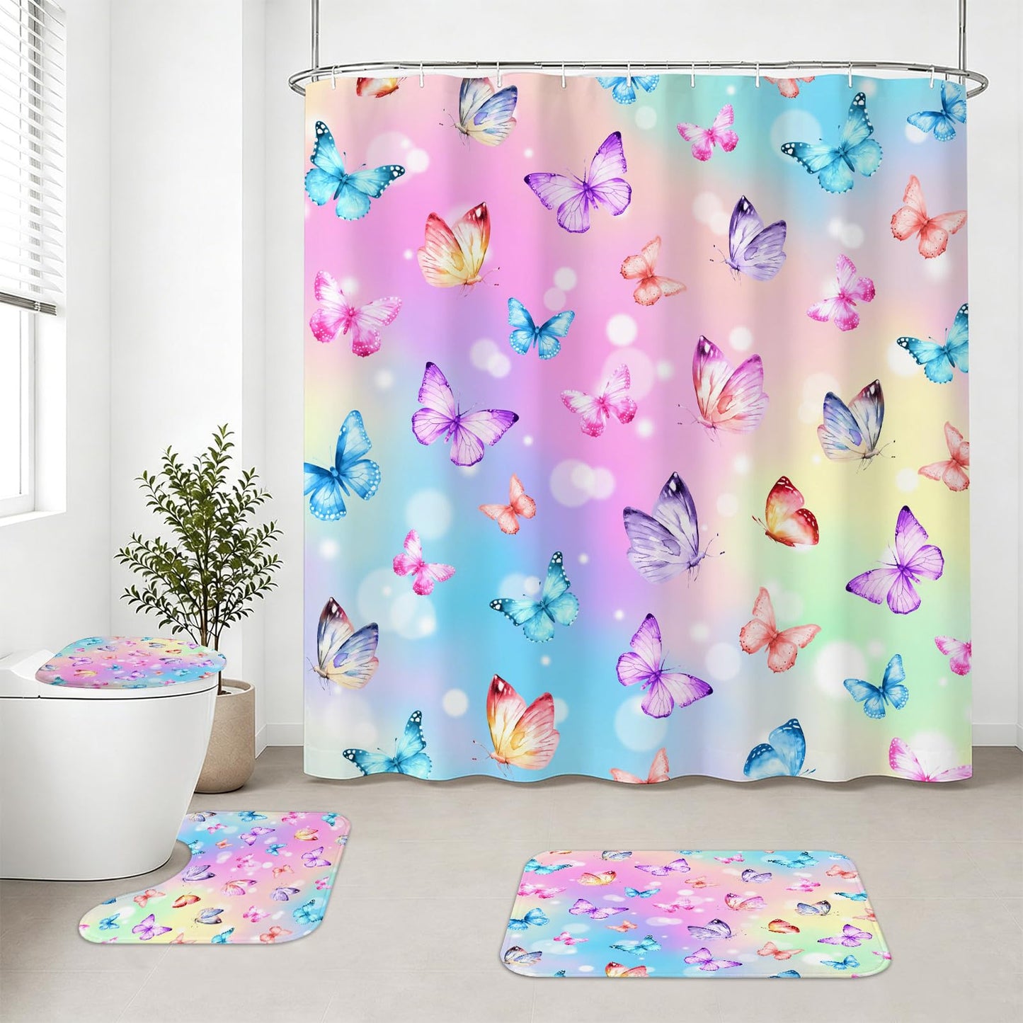 Muuyi 4Pcs Pink Bathroom Sets with Shower Curtain and Rugs, Gradient Butterfly Cute Shower Curtain Set, Women Girly Bathroom Decor, Includes Non-Slip Bath Mat, Toilet Lid Cover & 12 Hooks, 71" x 71"