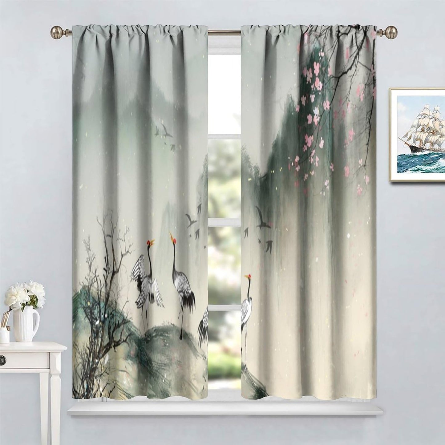 Asian Curtain Traditional Chinese Ancient Ink Landscape Painting Animal Crane Print Curtain for Kitchen Bedroom Living Room Blackout Privacy Curtain 42x45 Inch 2 Panels