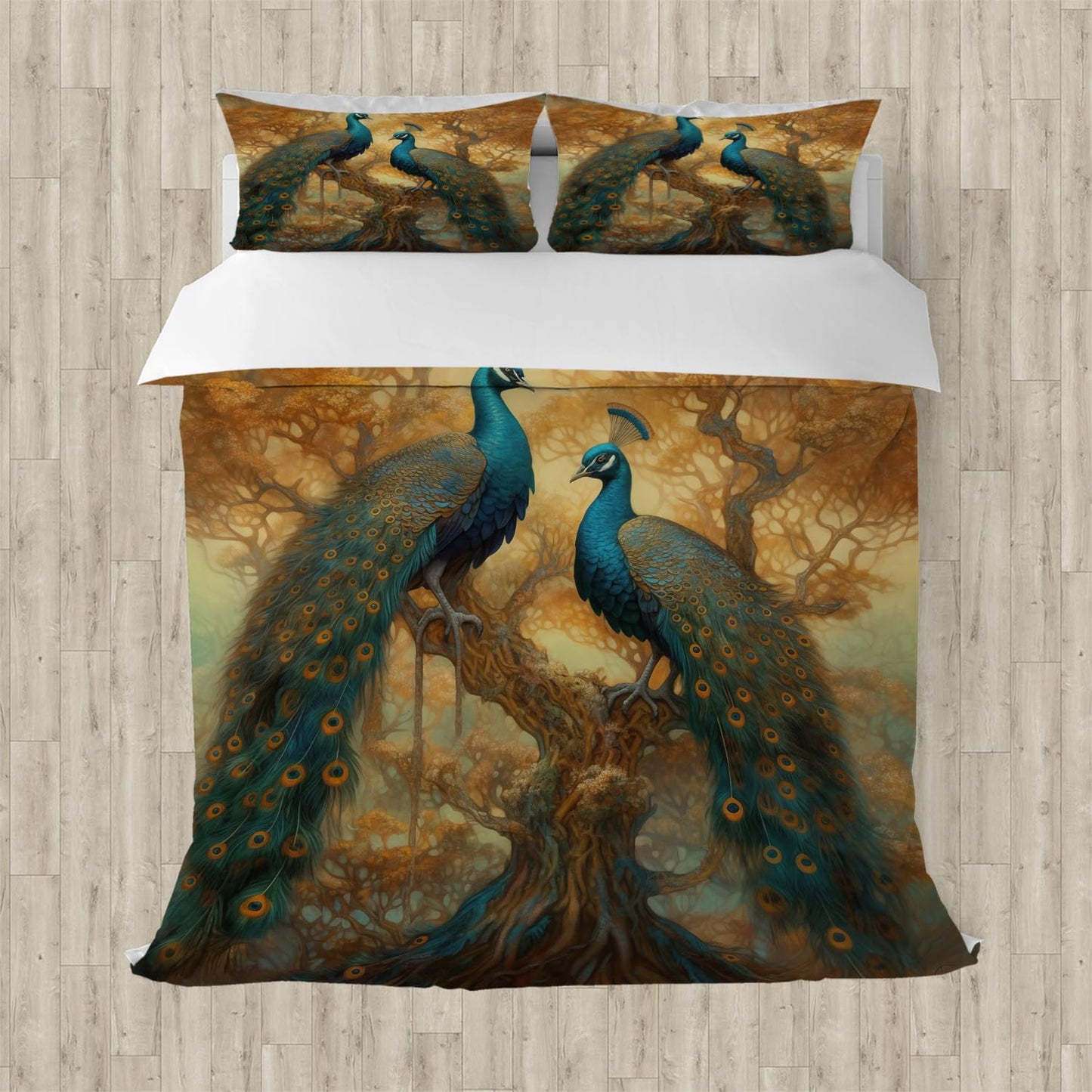 RICQLESC Peacock Duvet Cover and 2 Pillow, Beautiful Elegant Feather Wild Birds Animal Golden Tree Art Comforter Set, Kids Boys Girls Bedding 3 Pieces, King Size 104x90 inch