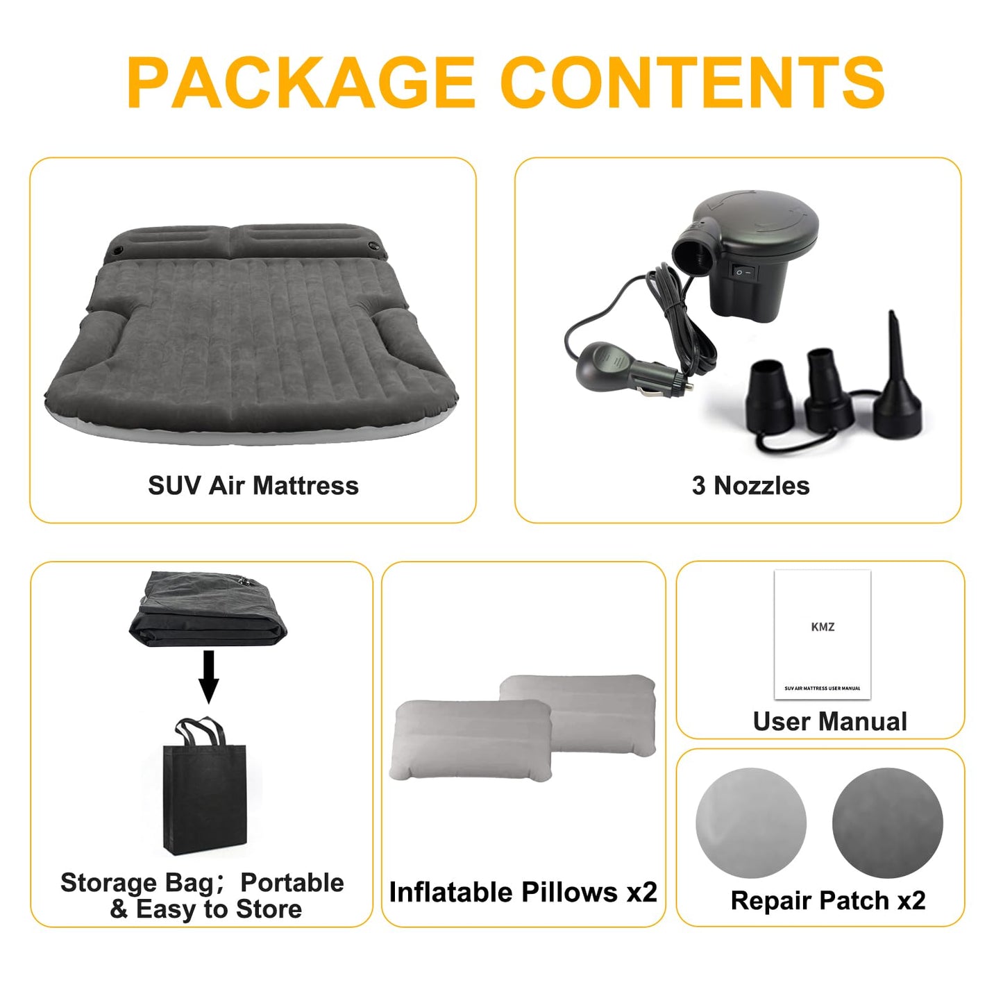 KMZ SUV Air Mattress Thickened and Double-Sided Flocking Travel Camping Bed with 2 Pillows & Electric Pump Dedicated Mobile Cushion Inflatable Bed for SUV Trunk and Rear Seat (Dark Gray)