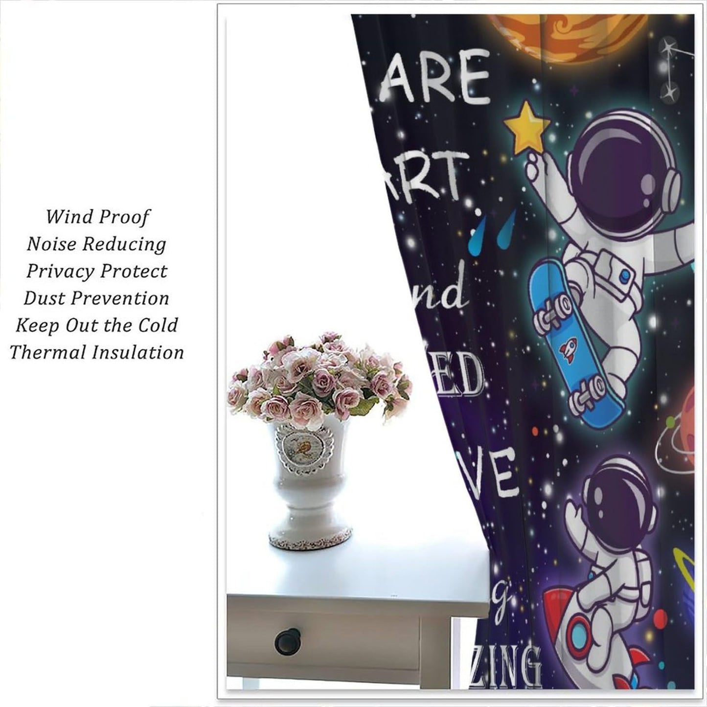 AAVEUP Space Astronaut Blackout Curtains for Kids,Cartoon Universe Galaxy Space Planet Astronaut Inspirational Quotes Learning Window Treatments for Boys Nursery Bedroom Living Room 63x72in