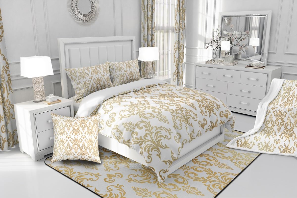 Feelyou Jacquard Damask Bedding Set King Size Floral Duvet Cover for Adult Boys Girls Teens Boho Comforter Cover Set White Gold Bedspread Cover 3Pcs Zipper