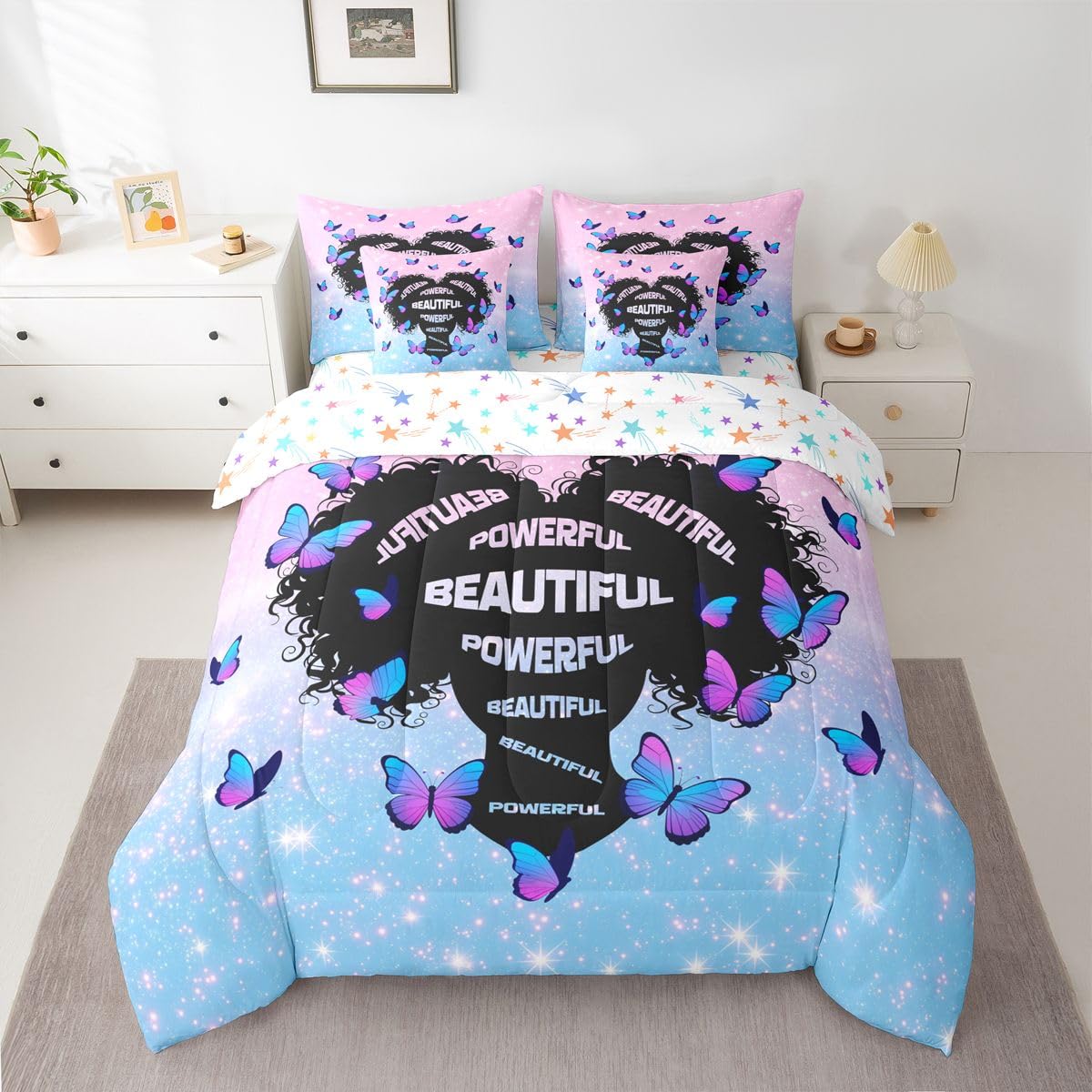 Erosebridal Black Girls Magic Queen Bedding Set Aesthetic Glitter Butterfly Comforter Set with Flat and Fitted Sheet Girl Women Empowering Words 7-Piece Bed in a Bag Blue Pink Gradient Quilt Sets