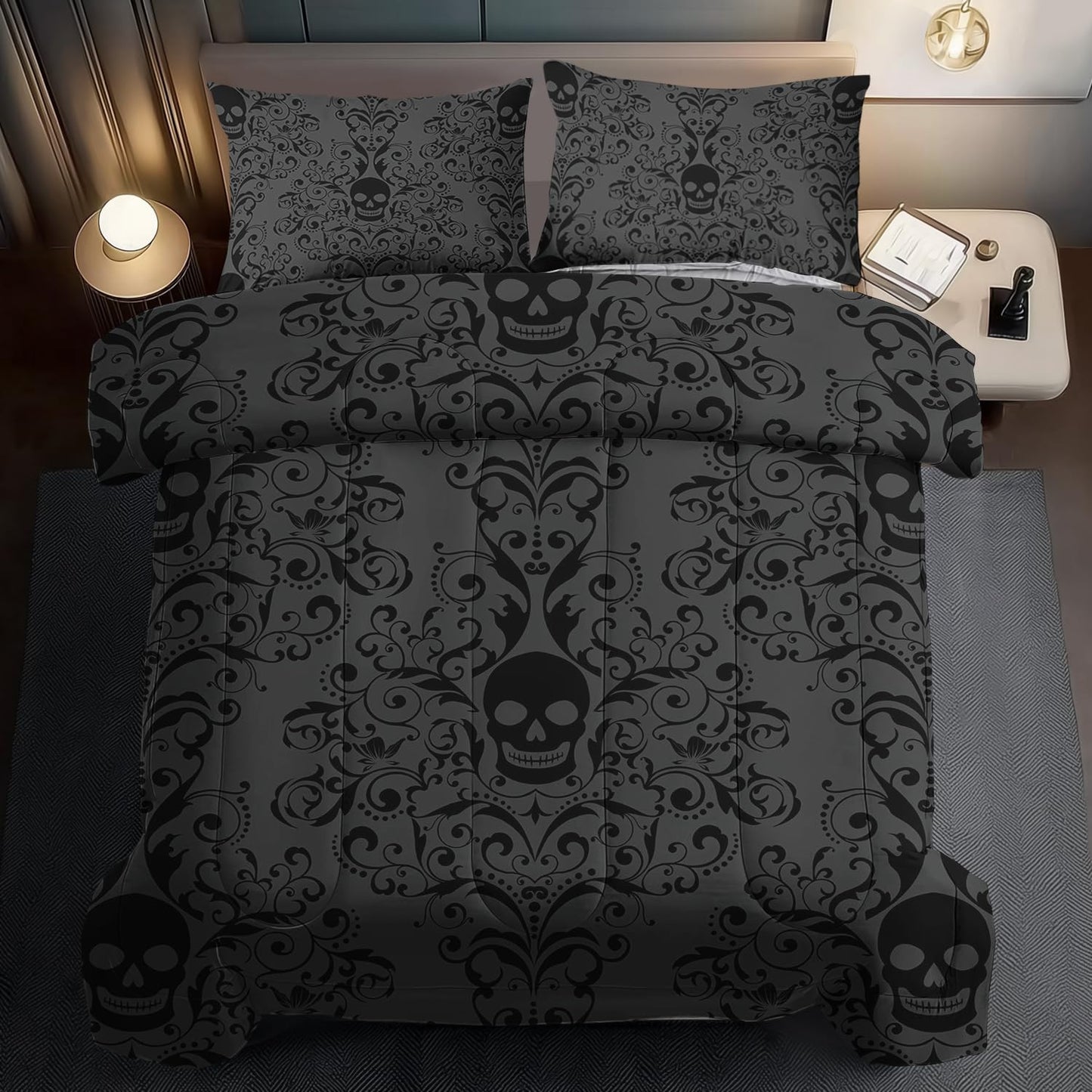 llyxsesty Halloween Skull Comforter Set Queen Boys Hippie Bedding Set for Teens Black Goth Comforter Queen Girls Quilt Gothic Bedroom Decor Skull Bedding Halloween Home Decor