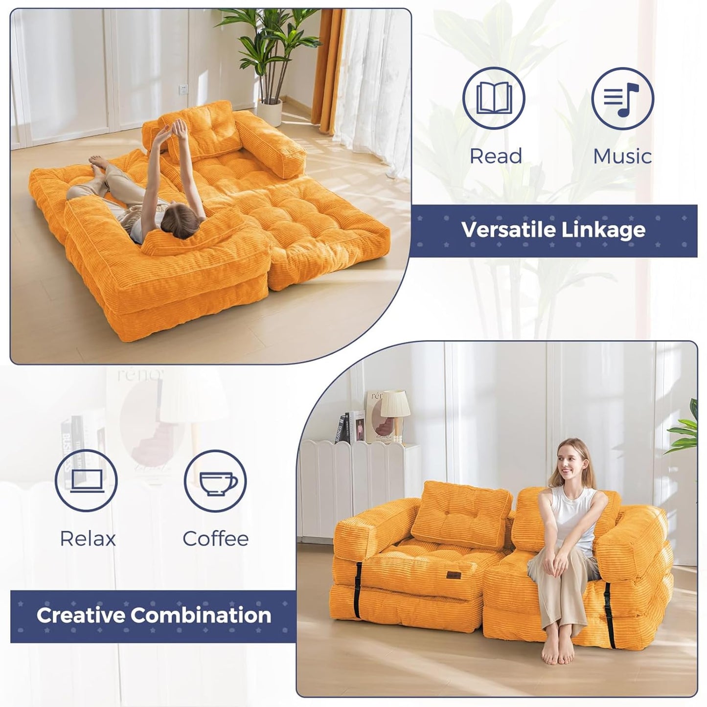 MAXYOYO Folding Sofa Bed, L-Shaped Convertible Sofa Bed Foldable Couch with Pillow, Portable Fold Out Chair Lounge for Living Room Bedroom, Orange