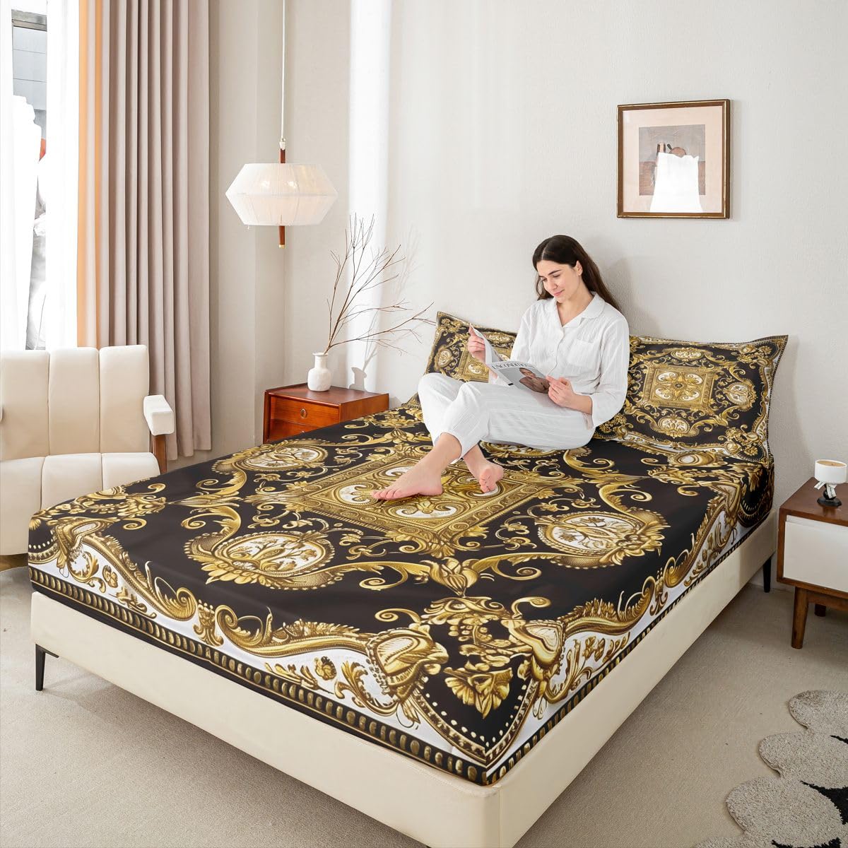 Erosebridal Golden Yellow Bed Sheets Set Full Geometric Flowers Sheet Set Bohemian Exotic Sheets European Floral Print Flat Fitted Sheet