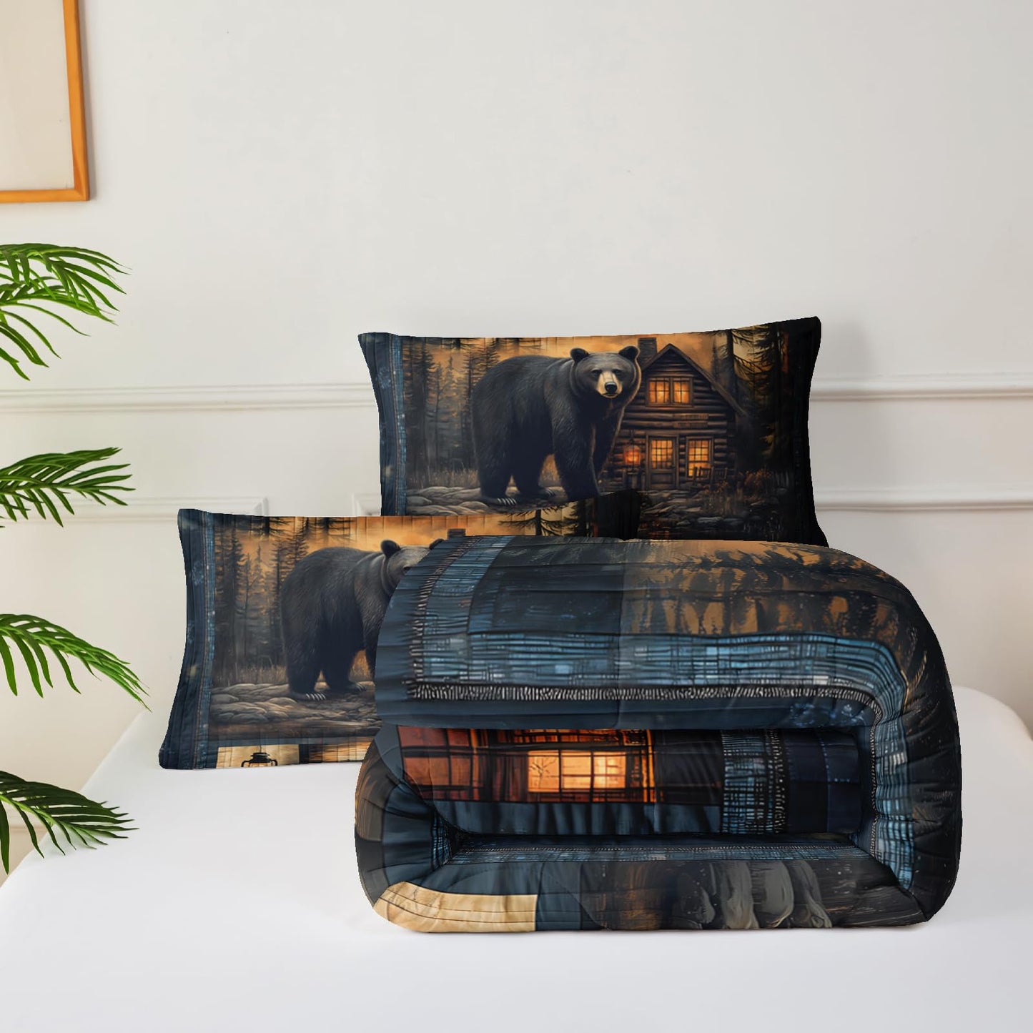 lneffble Black Bear Comforter Set Twin Size for Boys Kids,Rustic Theme Woodland Cabin Lodge Bear Hunting Bedding Set,Soft Microfiber Wildlife Forest Animals Print Quilt Set