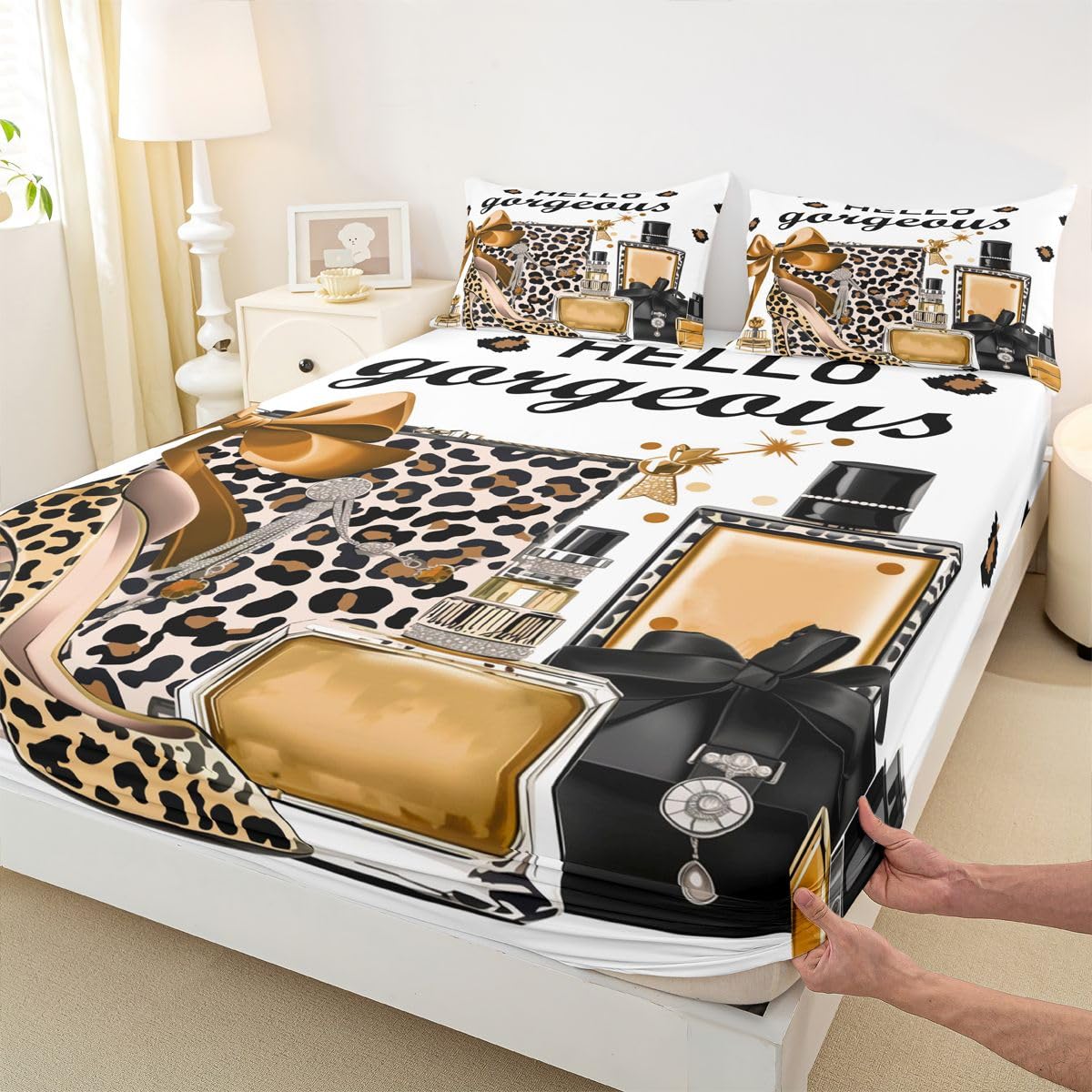 Erosebridal Brown Leopard Cheetah Print King Bed Sheets | Fashion Modern Luxury Sheets for Kids Girl Women Perfume High Heels Girly Flat Fitted Sheet Trendy Stylish Girls Bed Sets