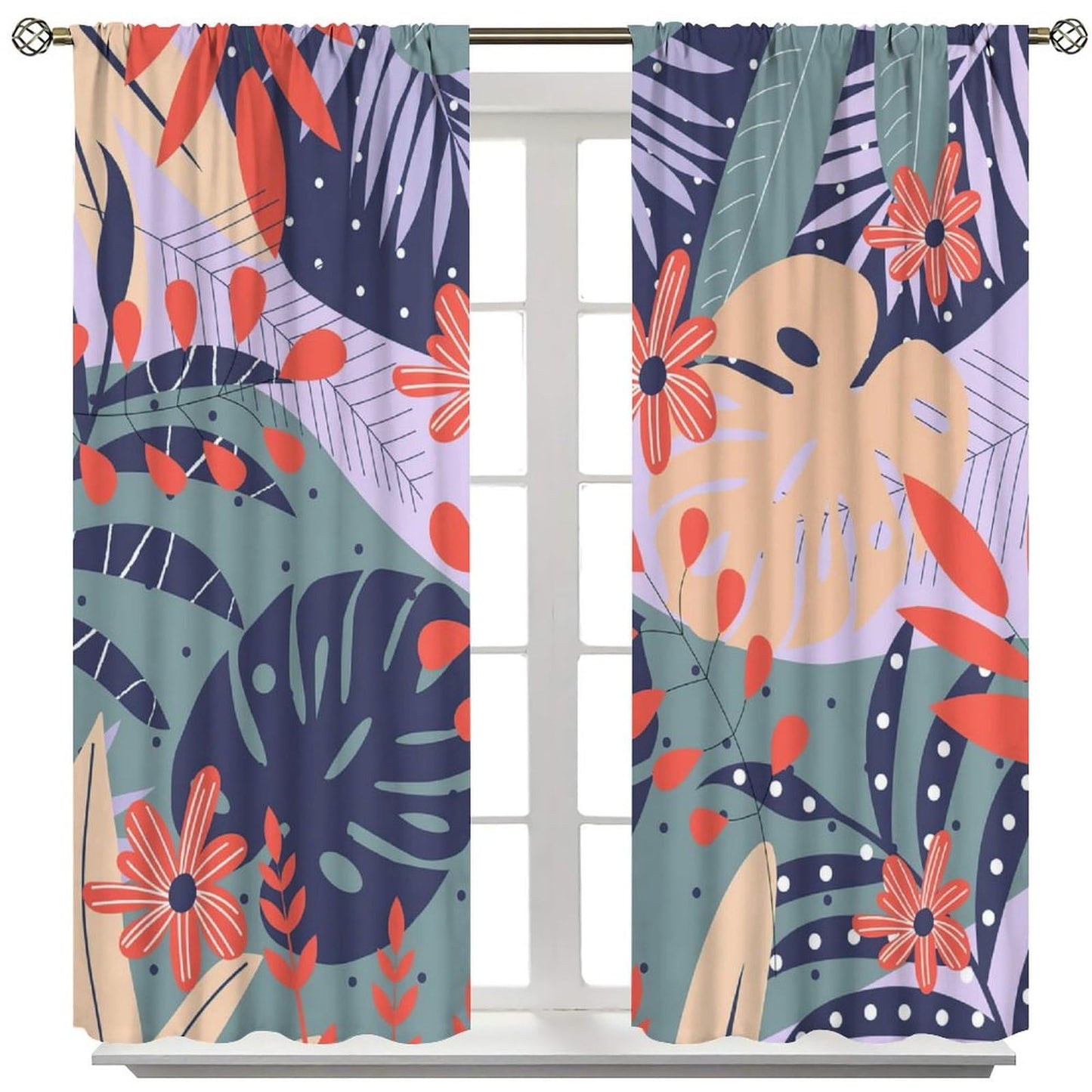Abstract Plants Leaf Curtains, Mid Century Botanical Leaves Modern Window Drapes, for Living Room Bedroom 42" W X 45" L (Decorative)
