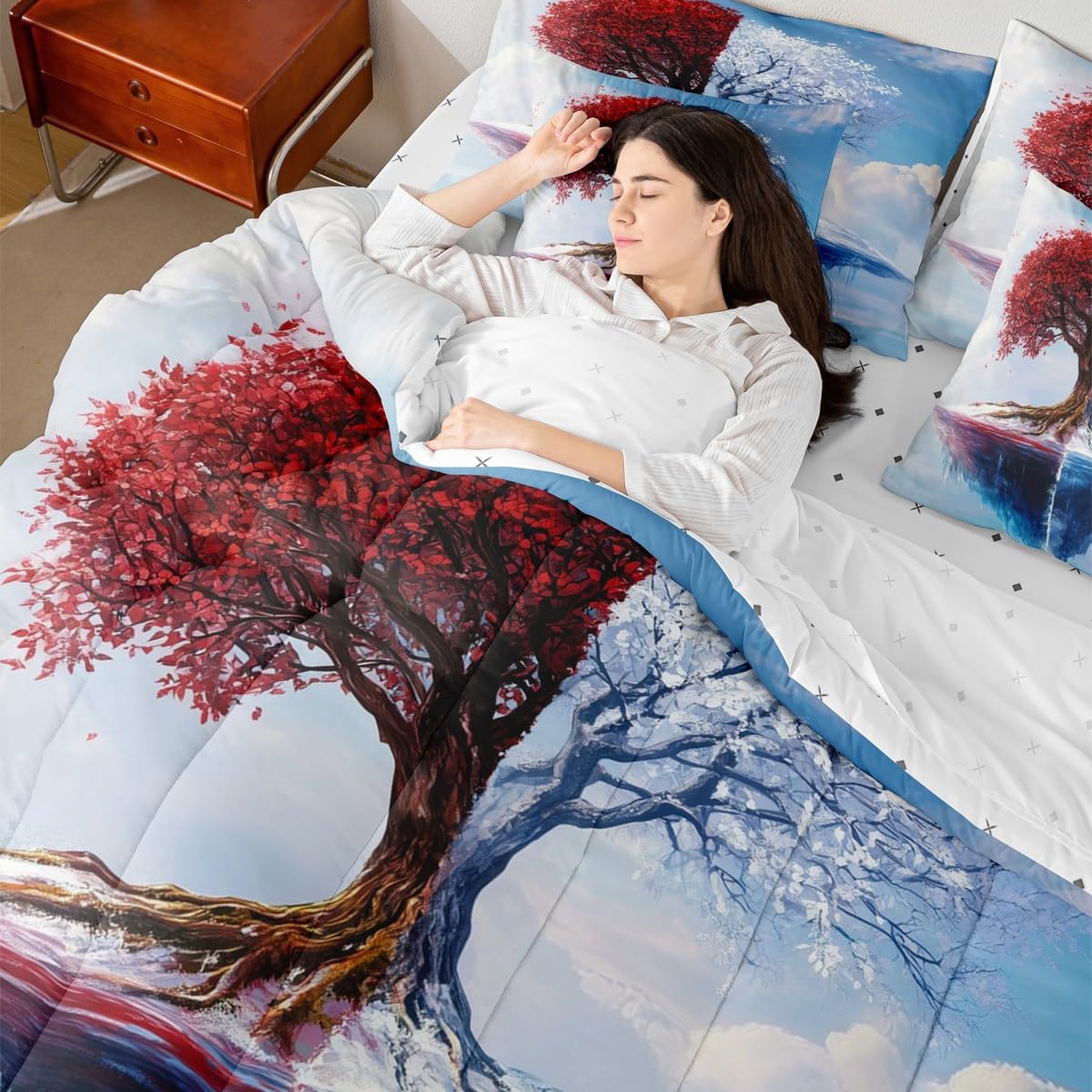 Red and White Tree Branches Pattern 7 Pieces Bedding Set Twin Size Kids Leaf Branches Bed in a Bag with Comforter, Pillowcases Ice Mountain Bed Set Breathable Botanical Room Comforter Set with Sheets