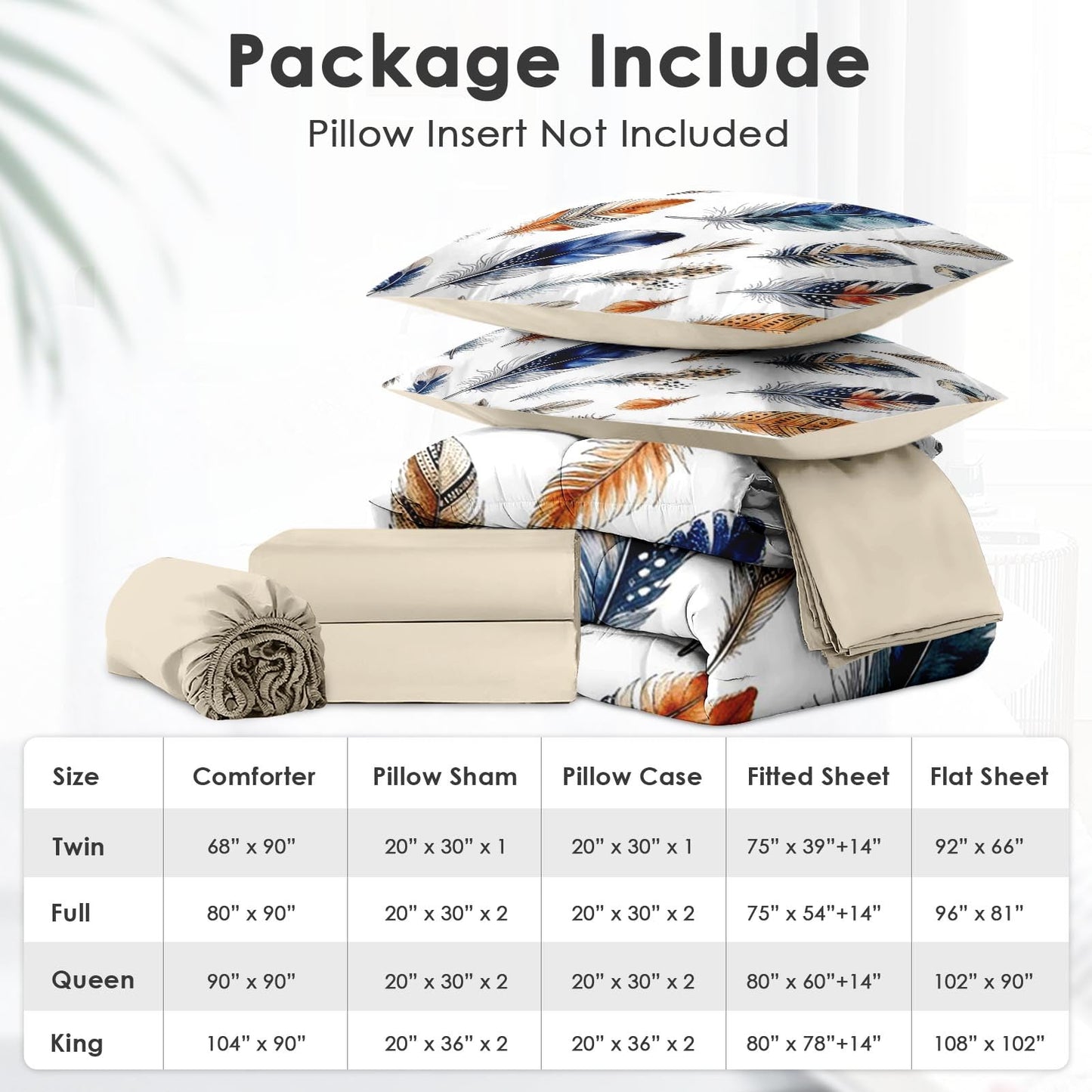 Boewywh Comforter Set Twin Size Feather Boho Western 7 Pcs, Bedding for Kids and Adults, Aztec Blue Bed Sheet Sets with Fitted Sheet 2 Pillowcases & 2 Shams for Bedroom Bed Decor