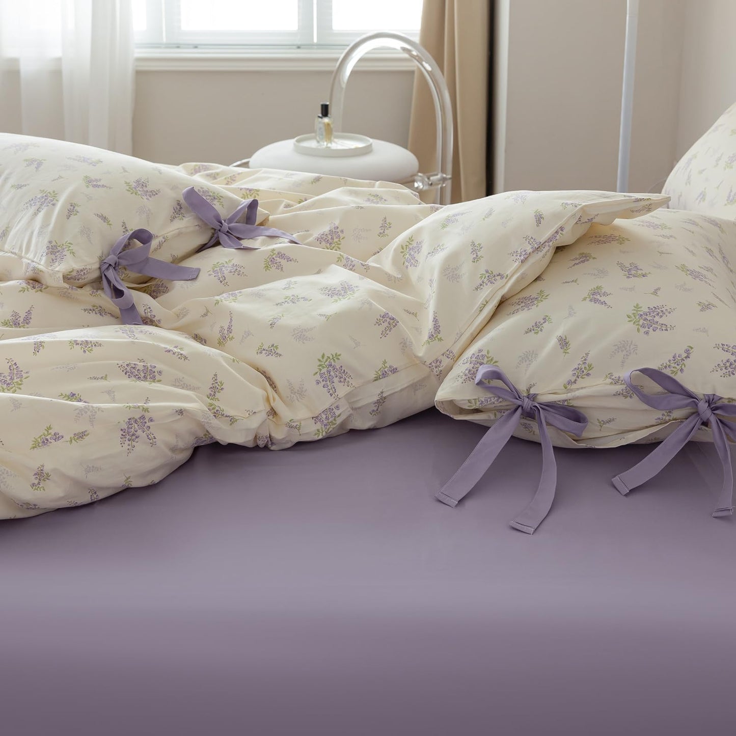 VM VOUGEMARKET Cotton Duvet Cover Set Queen,3 Pieces Purple Floral Bedding Set,Girls Lavender Flower Duvet Cover with Zipper Closure-Queen,90x90 Inch