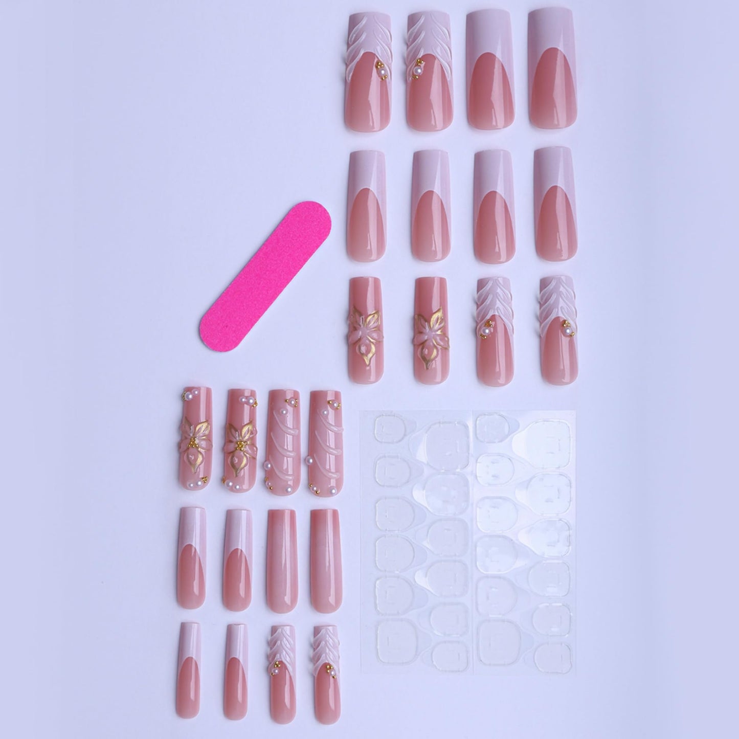 SEENEEY Long Square Press on Nails Pink Fake Nails French Artificial Nail Floral Stick on Nail for Women 24pcs