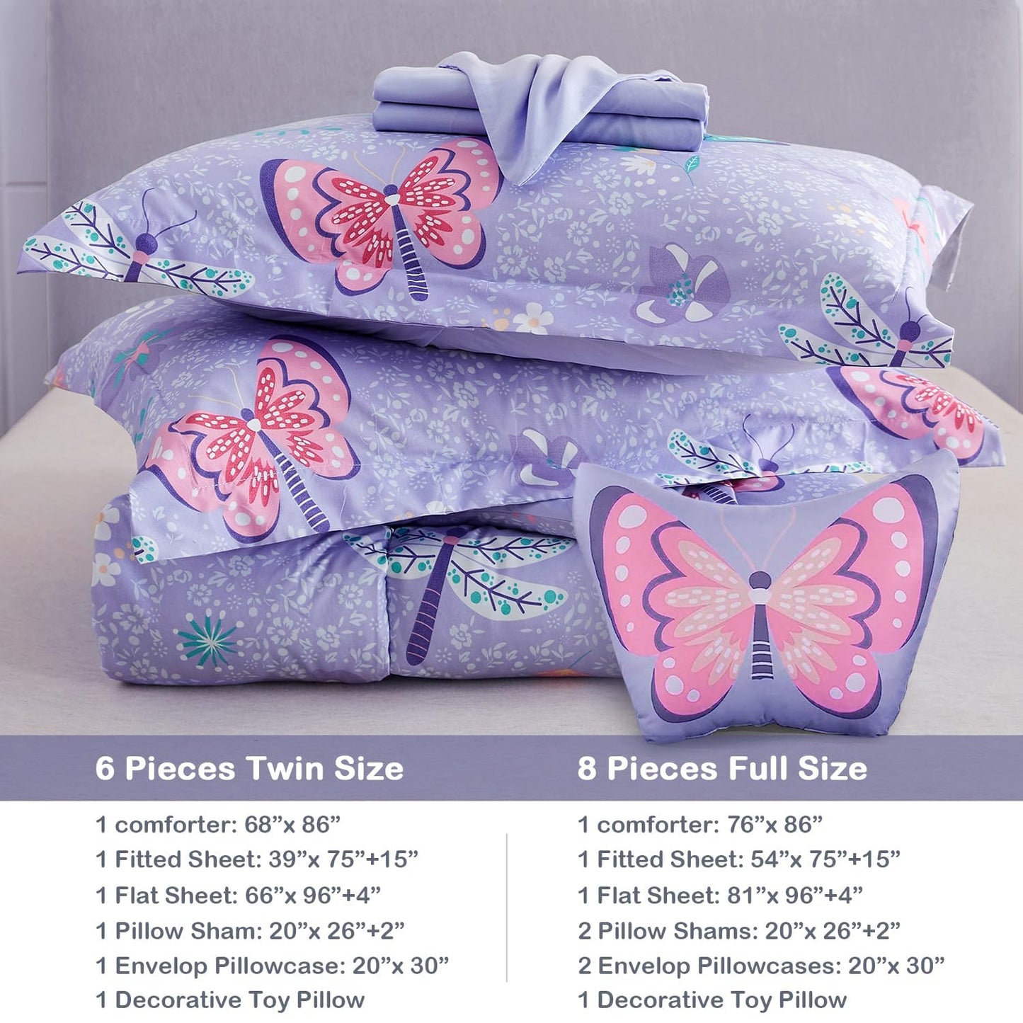 Mooreeke Kids Twin Comforter Sets for Girls 6 Pieces Butterfly Purple Bedding Set for Teens Soft Microfiber Kids Bed in A Bag with Comforter, Sheet Set, Shams and Decorative Toy Pillow All Season