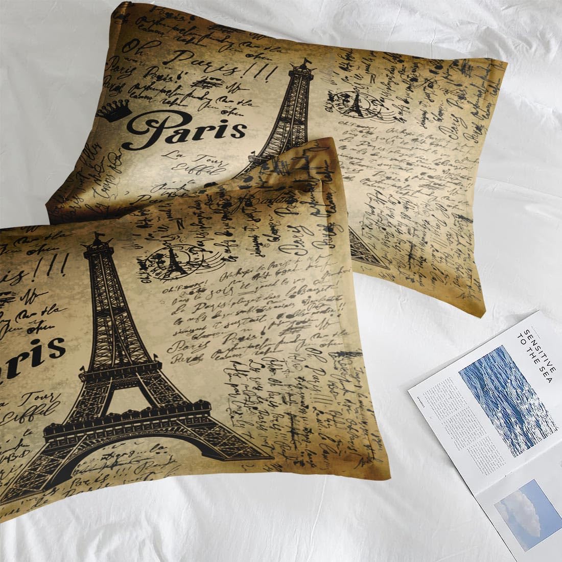 Pamnest Comforter Set Queen Size, Paris Eiffel Tower 7 Pcs Bedding for Kids and Adults, Love Retro Brown Bed Sheet Sets with Fitted Sheet 2 Pillowcases & 2 Shams for Bedroom Bed Decor