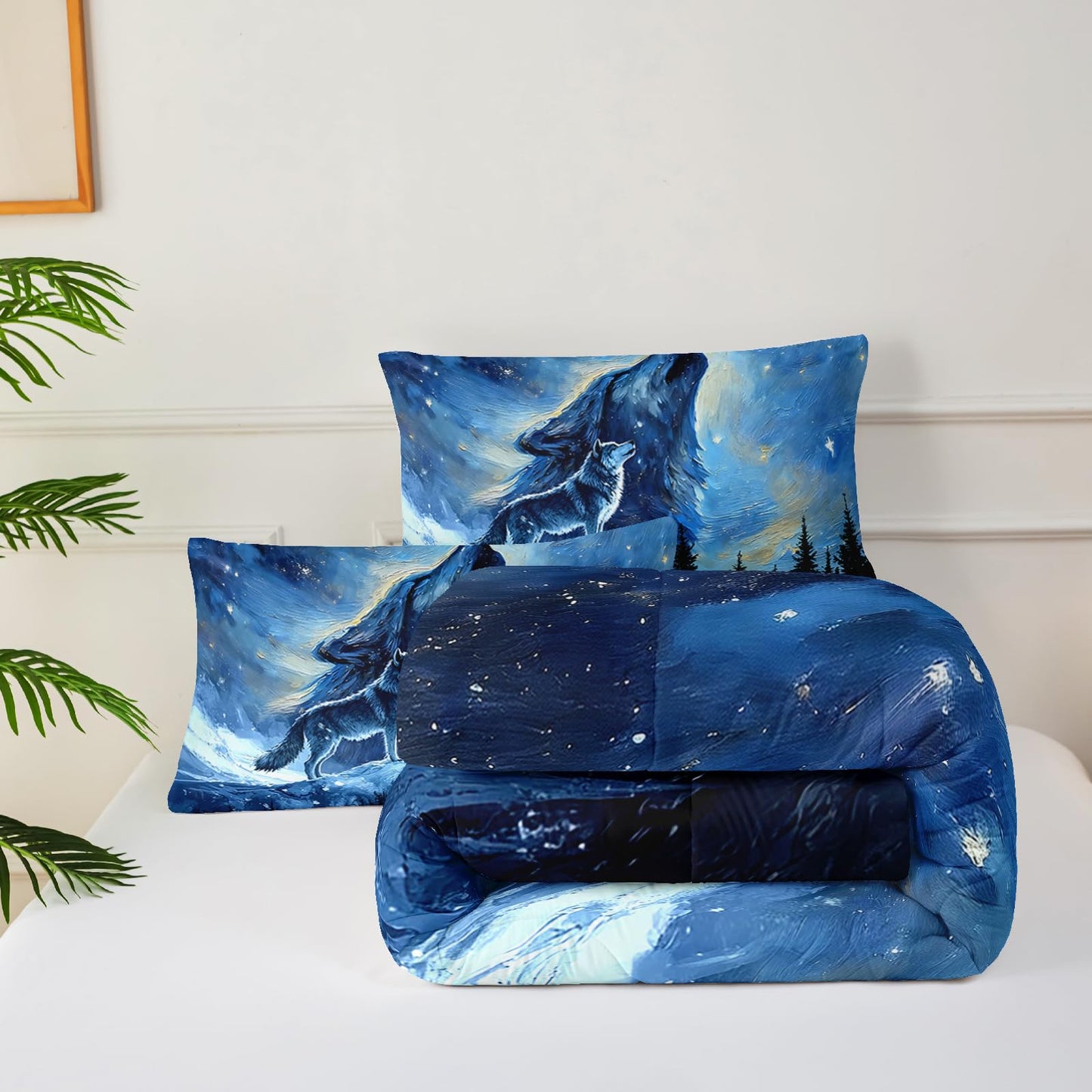 lneffble Wolf Comforter Set Twin for Boys Girls,Howling Wolves Night Moon Comforter Mountain Forest Wolf Bed Set,Wild Animals Quilt Set for Adults Kids Bedroom Decor,All Seasons