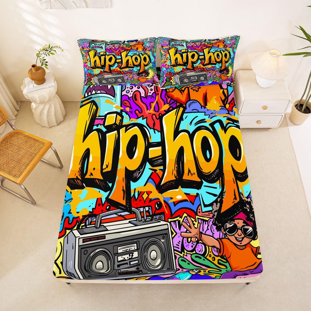 Feelyou Hippie Graffiti Sheets Hip Hop Radio Rock Bed Sheet Set Kids Boys Colorful Graffiti Pattern Bedding Set Watercolor Art Fitted Sheet Bedroom Collection 3Pcs Full Size