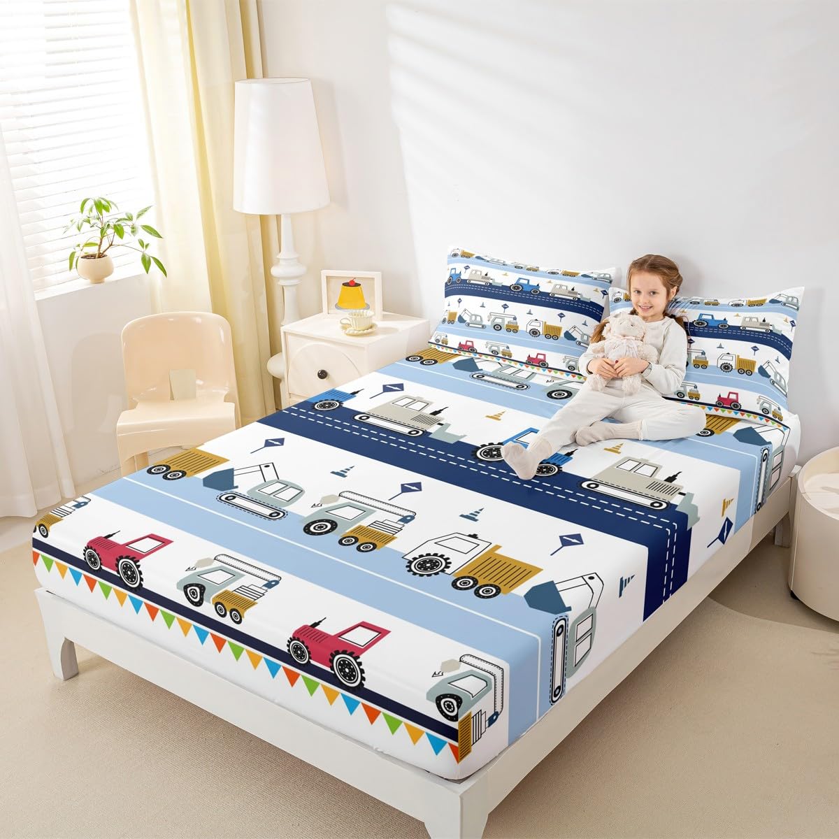 Feelyou Construction Sheet Set Kids Equipment Trucks Sheets with Deep Pocket Fitted Sheet Boys Cartoon Car Excavator Tractor Bed Sheets Set Construction Vehicles Blue White Bedding Set Full Size