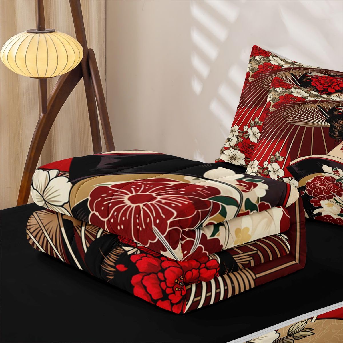 Erosebridal Geisha Kids Comforter Set with Zipper, Japanese Twin Size Zipper Bedding Set, Traditional Geisha Bed-in-A-Bag