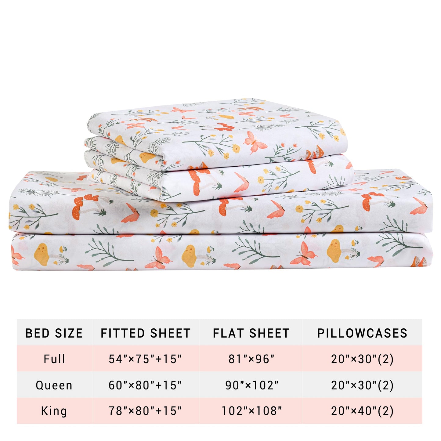 Viviland Mushroom Twin Sheet Set - 4 Piece Vintage Butterfly Flower Patterned Bed Sheets - Soft, Breathable Microfiber Floral Sheets with Deep Pocket, Non-Slip Fitted Sheets & Pillowcases
