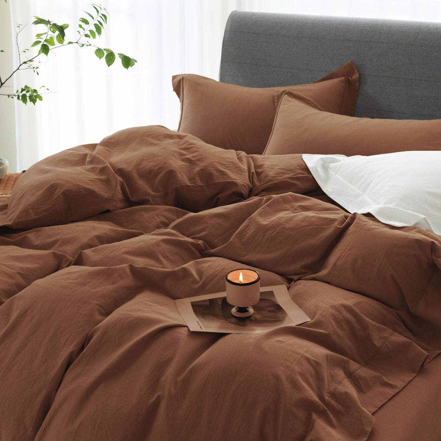 ELIMMO Queen Duvet Cover - 3 Piece 100% Washed Cotton Linen Feel Bedding Set, All Season Breathable Cozy, Double Stitched Hem, Hemmed Dark Orange,90"x90"