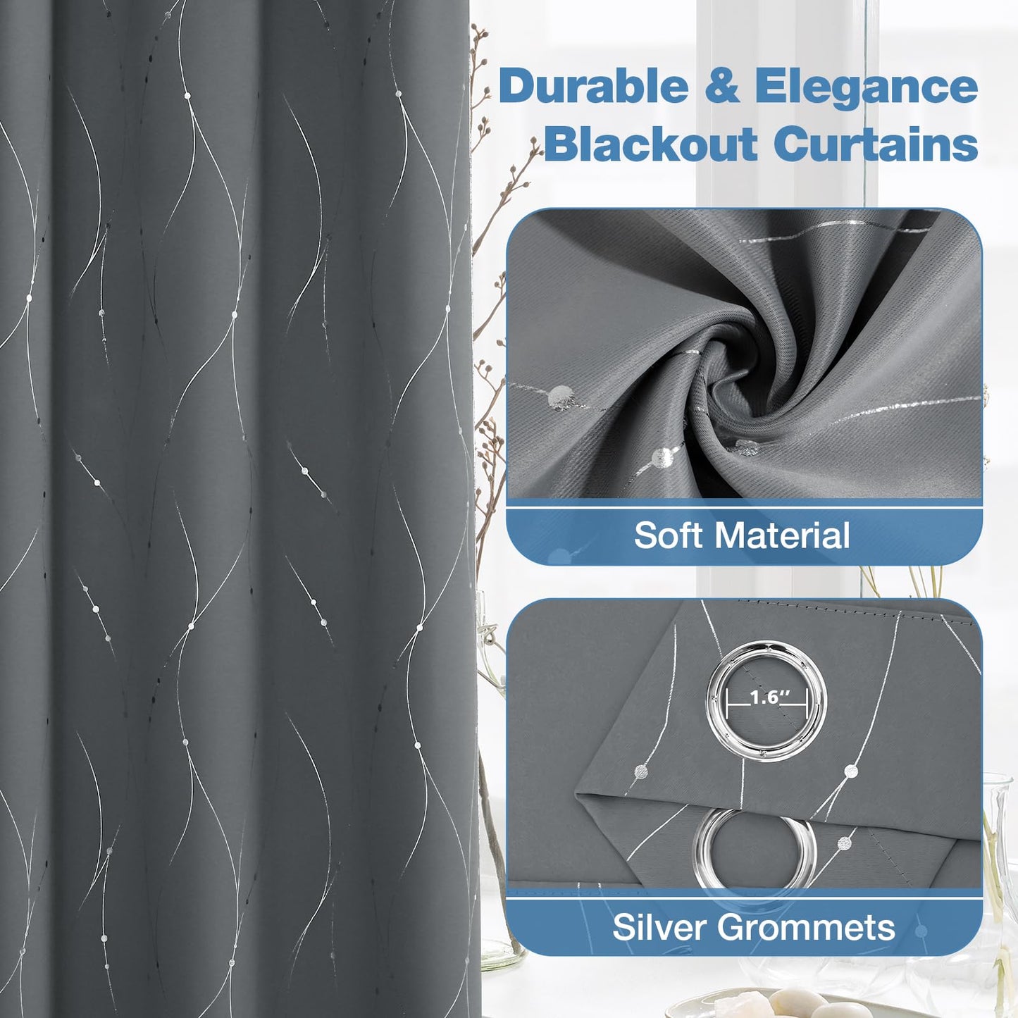 BUHUA Light Grey Blackout Curtains with Wave Line and Dots Printed Grommet Top Drapes Thermal Insulated Blackout Window Curtain for Bedroom Living Room 38W×45L Inch Lenght 2 Panels