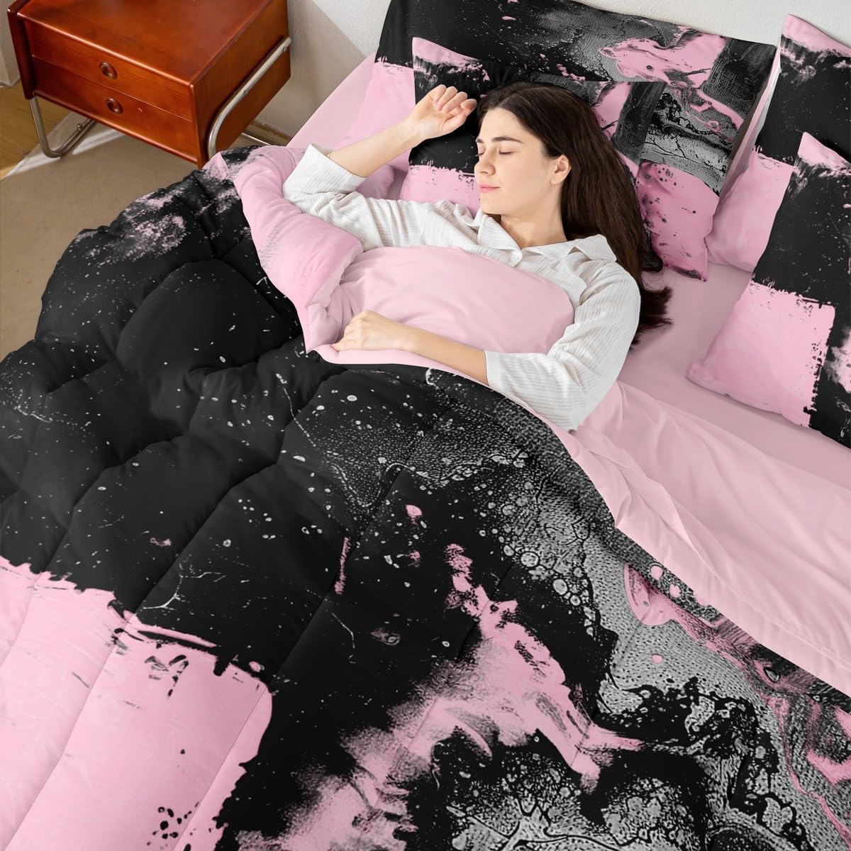 Feelyou Abstract Comforter Set King Size 7 Pieces Modern Abstract Art Bedding Set Luxury Bed in a Bag with Comforter, Sheets, Pillowcases, Cushion Covers Geometric Bedroom Decor Pink Balck