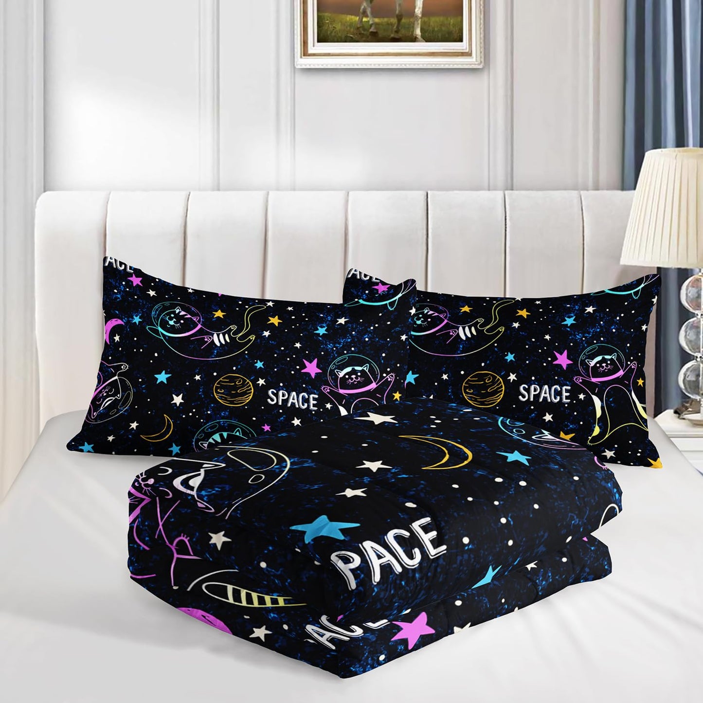 Nttopship Space Cat Comforter Set Queen,Kawaii Cat Moon Stars 3 Pieces Bedding Set for Teens Kids,Galaxy Down Alternative Bed Comforters Bedding Sets for All Season