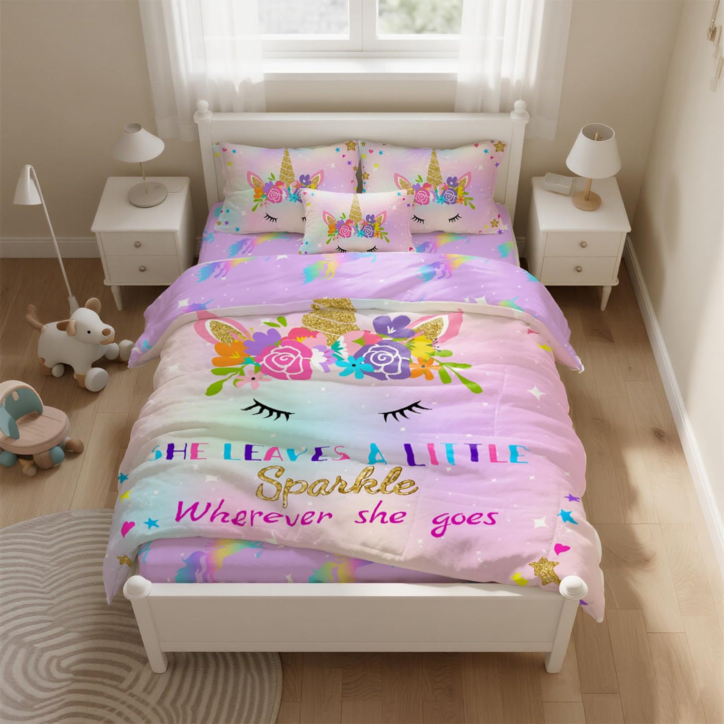 Mfmiudole Unicorn Twin Bedding Sets for Girls, 6 Piece Bed in a Bag, 3D Unicorn Comforter Set for Girls & Boys with Comforter Sheets, Pillowcases & Shams, Lightweight, Breathable, Easy Care