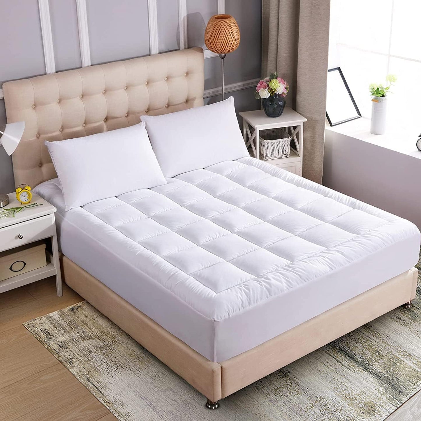 WhatsBedding Waterproof Mattress Topper Queen Size Cotton Top Down Alternative Filling Pillowtop Mattress Topper Cover-Fitted Quilted