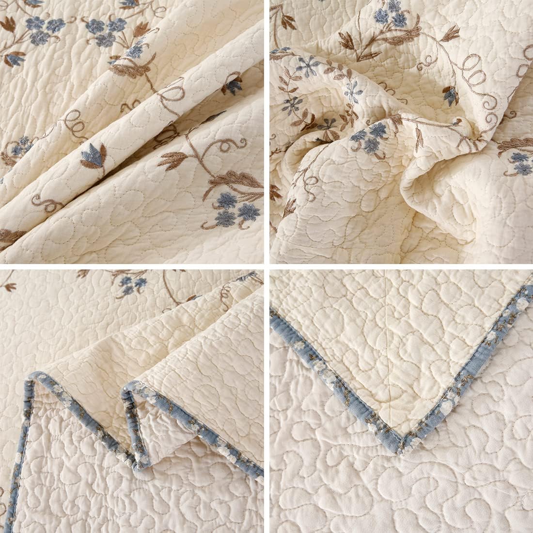 vctops 3-Piece 100% Cotton Bedspread Coverlet Set Twin Size Elegant Floral Embroidered Reversible Patchwork 1 Quilt and 2 Pillow Shams (Flower B,Twin)