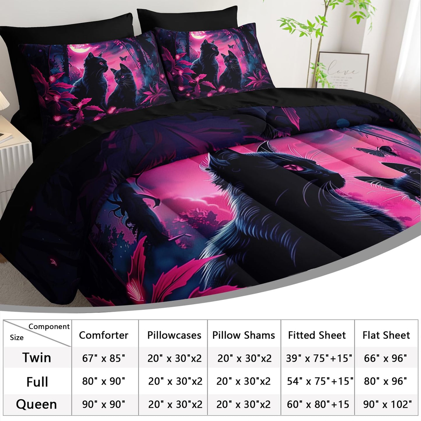 AILONEN 7-Piece Black Cat Comforter Sets Twin Size,Mother Son Kitten Bedding Set Bed in a Bag for Kids,Boho Style Comforter & Fitted Sheet with Flat Sheet & 2 Pillowcases,2 Pillow Shams