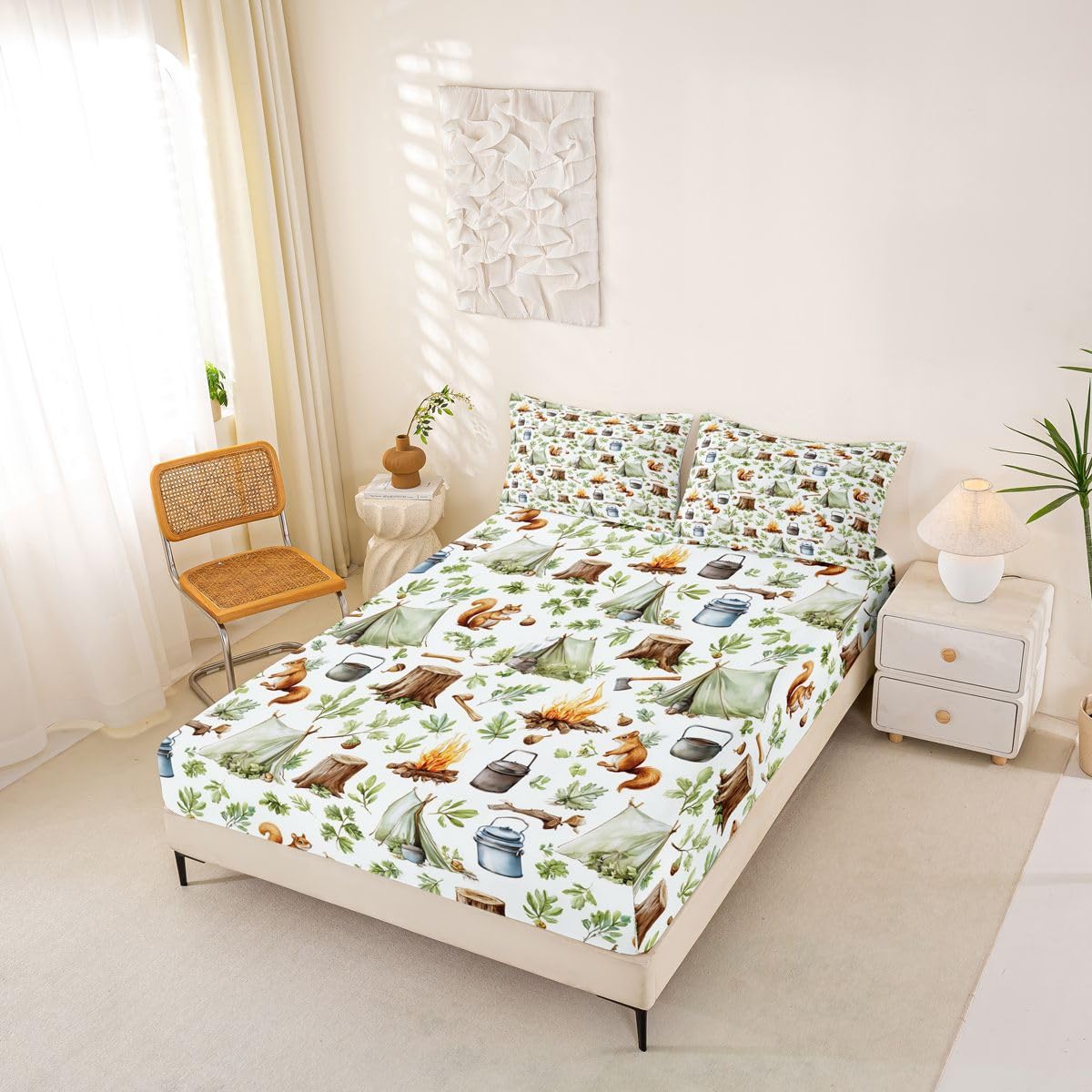 Cartoon Camping Fitted Sheets Full Size (No Flat),Campsite Tent Bonfire Bedding Set 3Pcs,Kids Teens Woman Room Decor,Squirrel and Pine Tree Bed Sheet Rustic Brown Green Deep Pocket Sheet,2 Pillowcases
