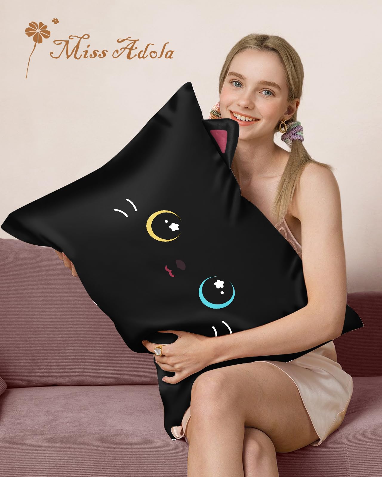 Miss Adola Kids Pillowcases Standard Size 20"x26" - Cute Cartoon Soft Breathable Silk Pillow Cases for Hair and Skin with Hidden Zipper for Women Fun Kawaii Design for Bedding, Black Cat