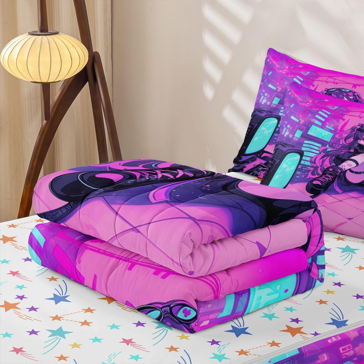 Erosebridal Fashion Girls Kids Comforter Set with Zipper, Japanese Girl Twin Size Zipper Bedding Set, Girly 3D Gaming Bed-in-A-Bag