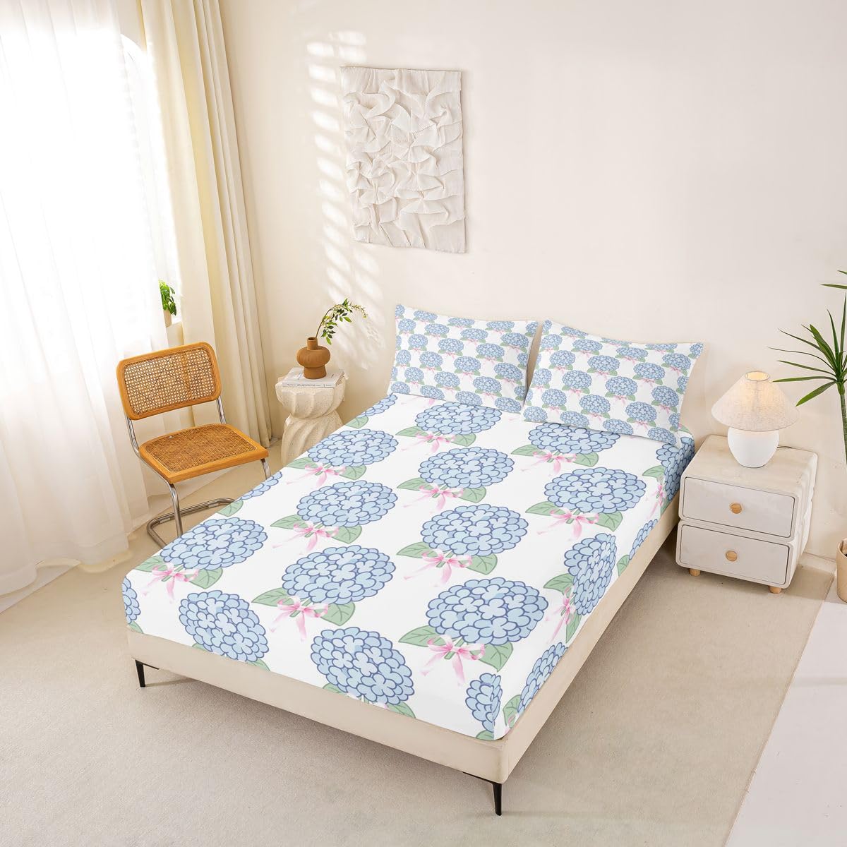 Blue Hydrangea Fitted Sheets Full Size (No Flat),Pink Bows Bedding Set 3Pcs,Kids Teens Woman Room Decor,Hydrangea Floral Bed Sheet Princess Sweet Style Deep Pocket Sheet,2 Pillowcases