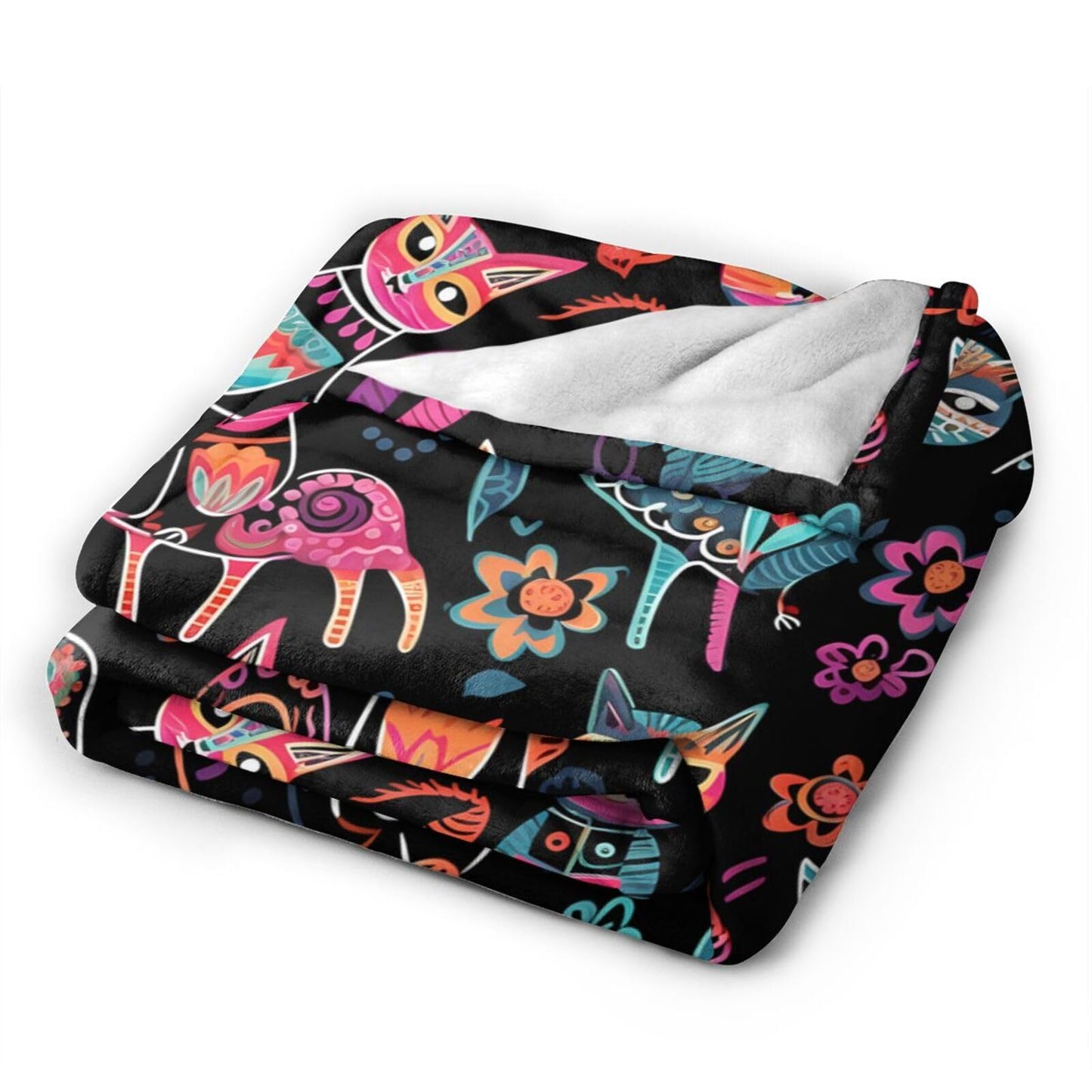 Ouqiuwa Dead Cats Floral Throw Blanket Sugar Skull Flowers Plush Microfiber Flannel Fleece Blanket 50"x40" for Bed Sofa Couch Camping Travel