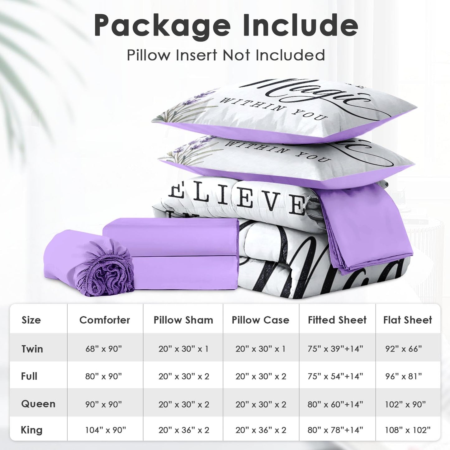 Boewywh Comforter Set Twin Size Motivational Lavender Farmhouse 5 Pcs, Bedding for Kids and Adults, Bed Sheet Sets with Fitted Sheet Pillowcase & Sham for Bedroom Bed Decor
