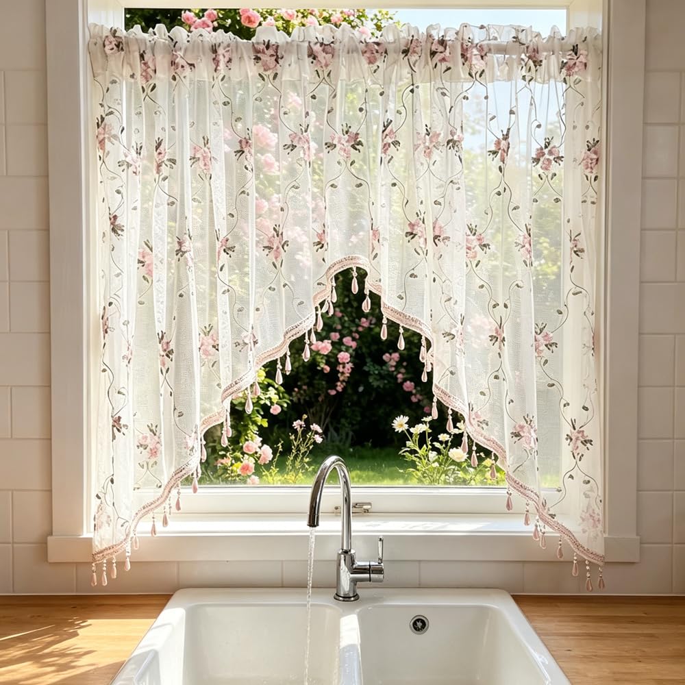 1PC Victorian Style Floral Sheer Swag Curtain Valance for Arched Door
