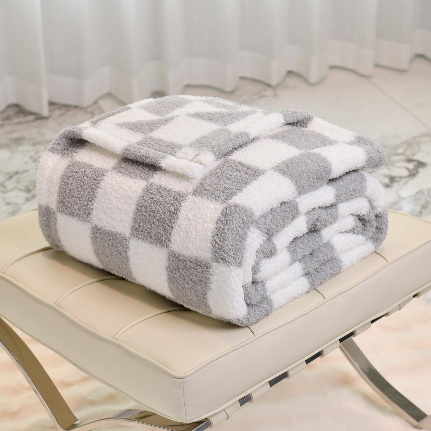 MERRYLIFE Checkered Throw Blanket Knitted Double-Side Checkerboard Grid Microfiber Ultra-Plush Soft Fuzzy Cozy Blanket for Couch Chair Bed Travel (Grey-1, 50x60inch)
