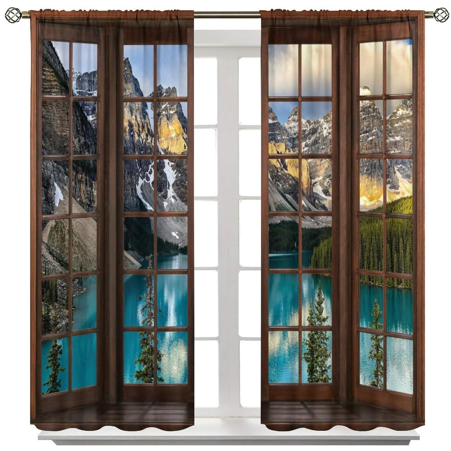 Nanacur 3D Window Lake View Curtains, Nature Landscape Spring Forest Mountains Rod Pocket Window Treatment for Living Bedroom Office Cafe Kitchen Drapes 41" W X 45" L (No Blackout)
