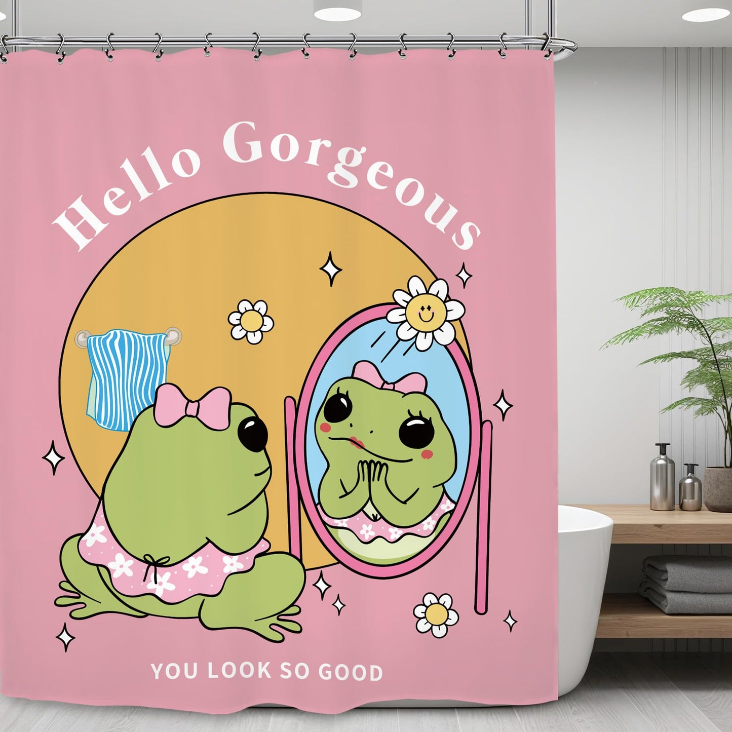 Kalmico Funny Frog Girl Self Love Shower Curtain 60Wx72L Inch Cute Hello Gorgeous Animal Hilarious Lovely Kids Pink Y2K Bathroom Set Accessories Decor with 12 Pack Hooks