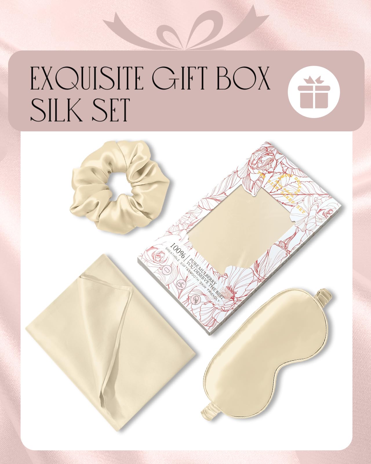 Miss Adola Mulberry Silk Pillowcase Set - 1 Pc Silk Pillowcase with Eye Mask & Scrunchie, Soft Standard 20"x26" Pillow Case for Hair and Skin, Sleeping Gift for Women, Champagne Gold