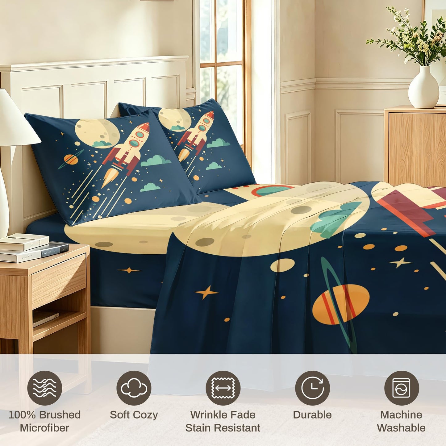 Rocket Ship Bedding Set 4 Pcs Kids Space Queen Sheets